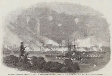 The Bombardment of Sveaborg, burning of the 60 Gun-Boat Sheds, sketched from an Opposite Rock